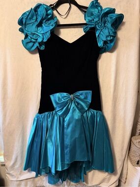 Teal Satin Skirt with Black Waistband and Bow Vintage 1980s